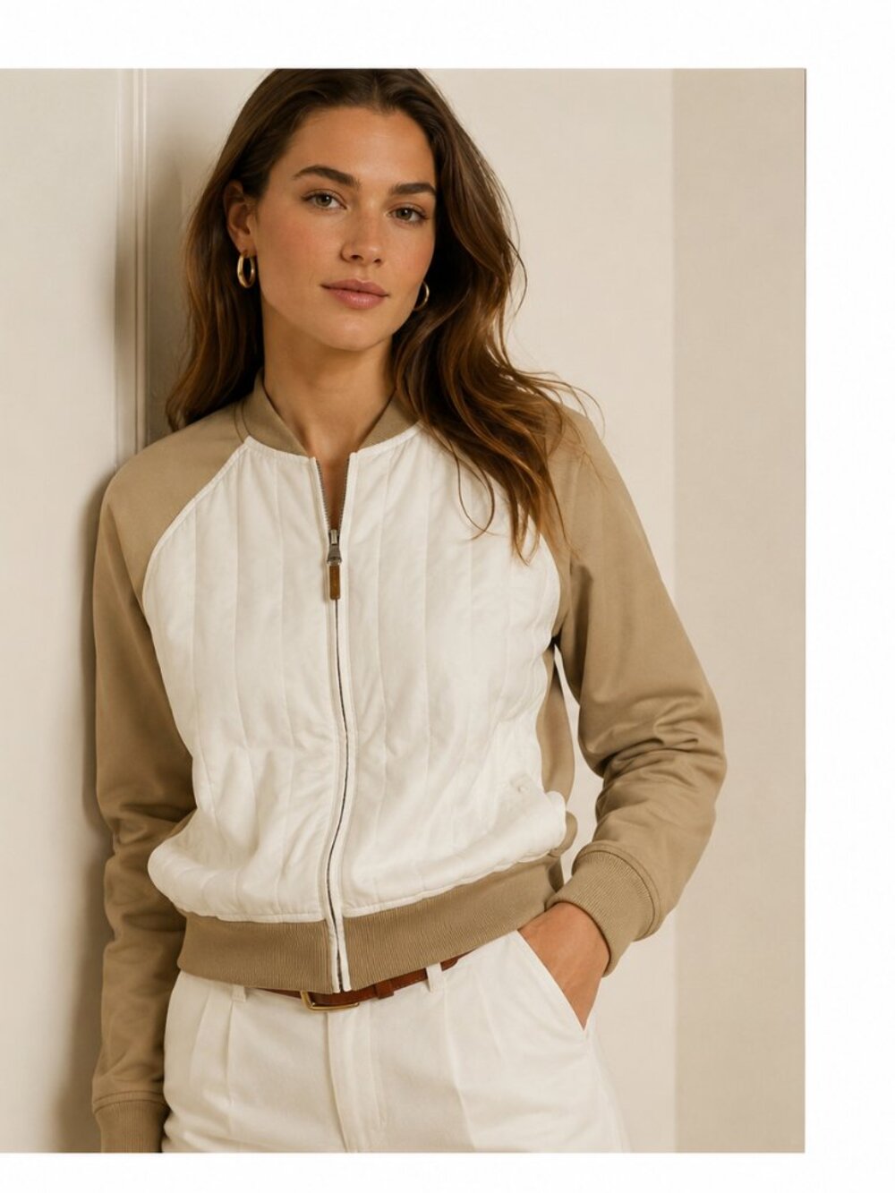 Lauren Active Ralph Lauren Women's Tan Cream Quilted Front Zip Jacket Size S